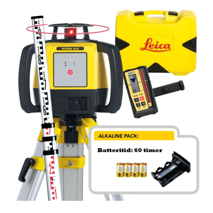 LEICA RUGBY 610 ROTERENDE LASER PAKKE KOMPLETT M/ MTR-95MM MOTTAKER-STATIV-MÅLESTAV-BATTERIER